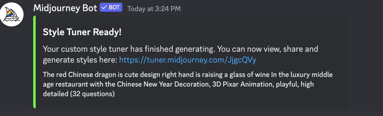 Reply message from Midjourney Bot